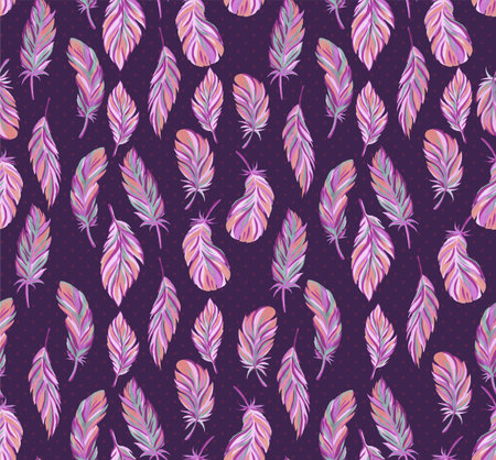 Textured background with feathers of different birds. Seamless pattern with hand-drawn feathers. Print for fabrics and paperの写真素材