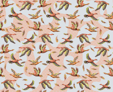 Textured background with ducks and geese flying in the sky. Seamless pattern with hand-drawn large birds. Print for fabrics and paperの写真素材