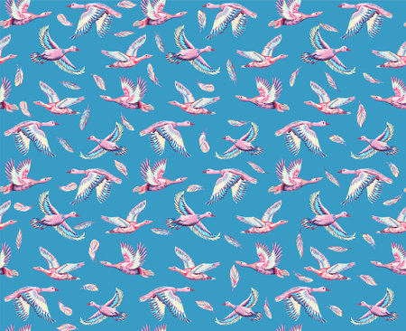 Textured background with ducks and geese flying in the sky. Seamless pattern with hand-drawn large birds. Print for fabrics and paperの写真素材