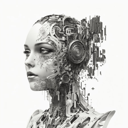 Artificial intelligence in humanoid head as technology concept, created with generative AIの素材