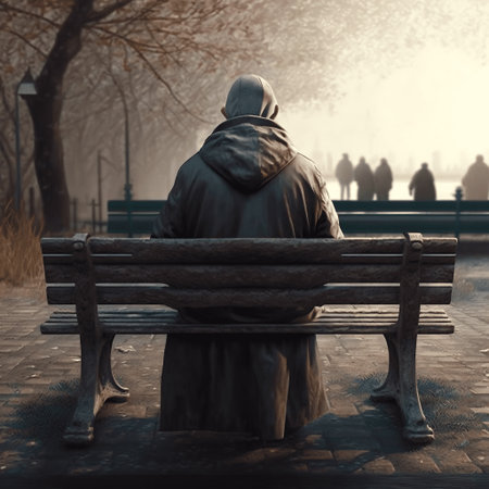 Back view of lonely man siiting on wooden bench in the public park, made with generative AIの素材