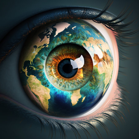 Close up of global eyeball, made with generative AIの素材