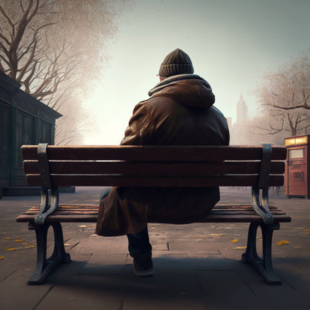 Back view of lonely man sitting on wooden bench in the public park, made with generative AIの素材