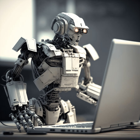 Artificial intelligence robot with notebook as futuristic technology concept, created with generative AIの素材