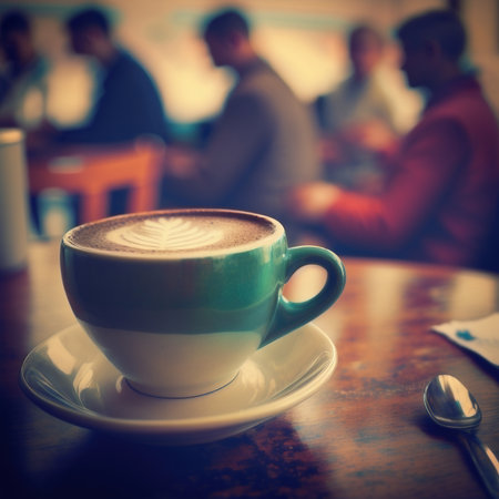 Coffee cup on the table with blurred coffee shop in the background, created with generative AIの素材