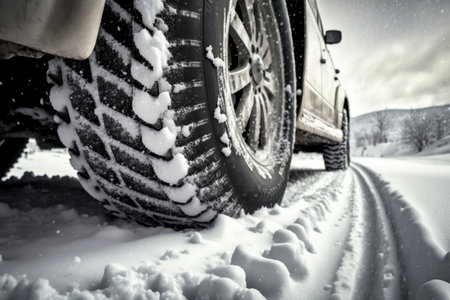 Driving on snow, closeup on the tyre, created with generative AIの素材