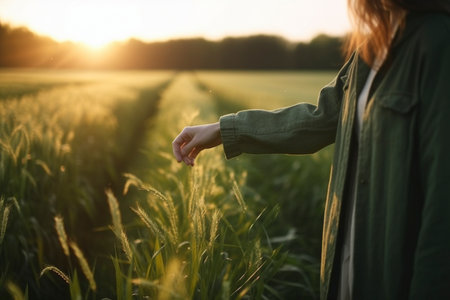 Female hand touching plants while walking trough field, created with generative AIの素材