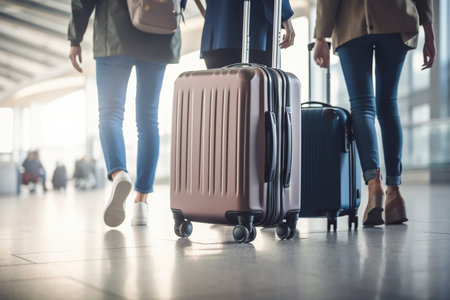 travelers on airport walking with cases , focus on wheels. Created with generative AIの素材