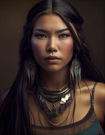 Portrait of beautiful native American woman, created with generative AIの素材