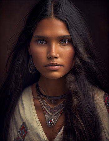 Portrait of beautiful native American woman, created with generative AIの素材