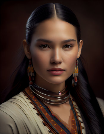 Portrait of beautiful native American woman, created with generative AIの素材