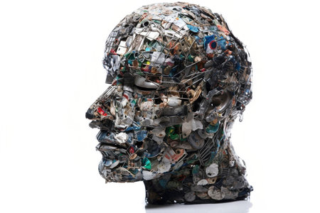 Human head made of garbage on  white background, created with generative AIの素材