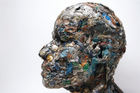 Human head made of garbage on  white background, created with generative AIの素材