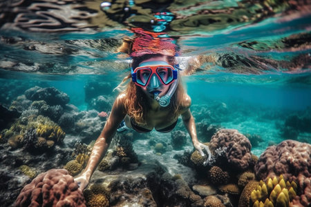 Snorkel diving at the tropical coral reef, created with generative AIの素材