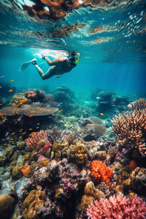 Snorkel diving at the tropical coral reef, created with generative AIの素材