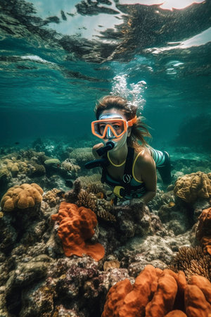 Snorkel diving at the tropical coral reef, created with generative AIの素材