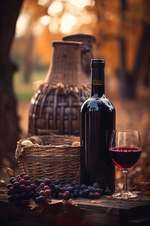 Detail from the winery with wine bottles, glasses, barrel and grapes, created with generative AIの素材