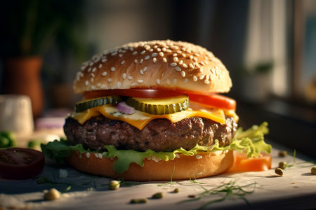 Delicious tasty burger on the table, created with generative AIの素材