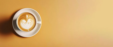 Flat lay view at cup of capuccino on pastel background with copyspace, created with generative AIの素材