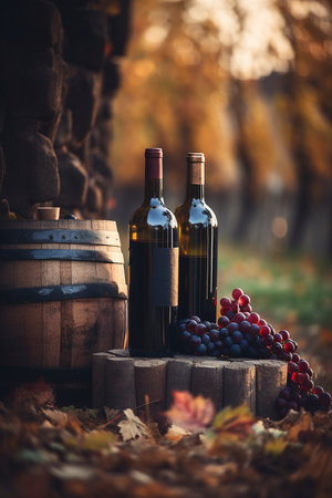 Detail from the winery with wine bottles, glasses, barrel and grapes, created with generative AIの素材