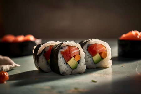 Sushi rolls closeup, created with generative AIの素材