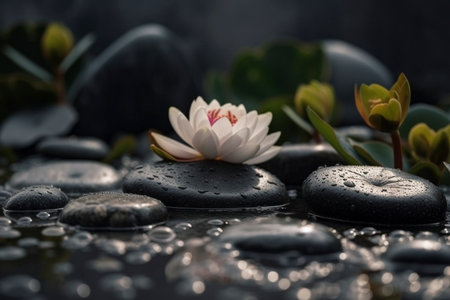Small zen garden closeup with black rocks and lotus flower, created with generative AIの素材