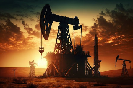 Oil field in sunset, created with generative AIの素材
