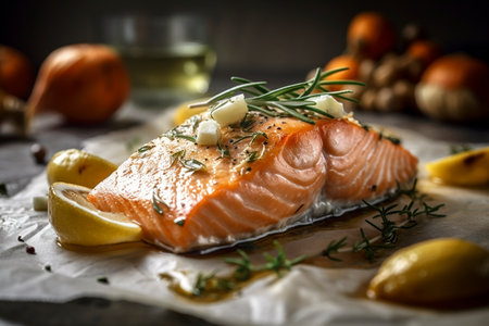 Delicious salmon on the table, created with generative AIの素材