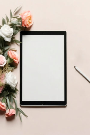 Flat lay digital tablet mockup with rose flowers on the table, created with generative AIの素材
