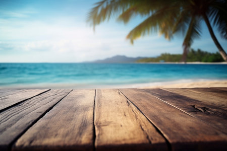 Empty wooden table on the tropical beach, created with generative AIの素材
