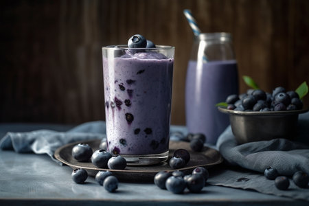 Blueberry smoothie on the table, created with generative AIの素材