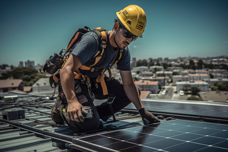 Solar panel installer on the roof, created with generative AIの素材