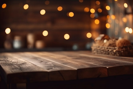 Wooden table top in the kitchen, created with generative AIの素材