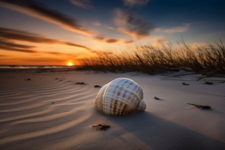 Big white sehell on the sandy beach at sunset, created with generative AIの素材