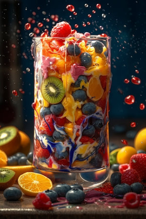 Juicy fruit salad made of raspberries, blueberries, sliced kiwi, created with generative AIの素材