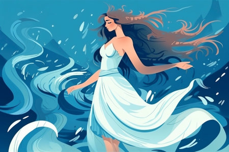 Illustration of woman with flowing hair dance in the blue ocean, created with generative AIの素材