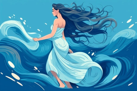 Illustration of woman with flowing hair dance in the blue ocean, created with generative AIの素材