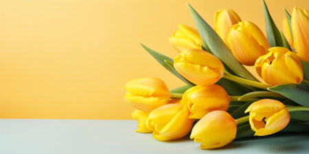 Yellow tulips on the bright yellow background, created with generative AIの素材