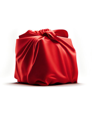 Surprise gift fully covered with red cloth on the white background, created with generative AIの素材