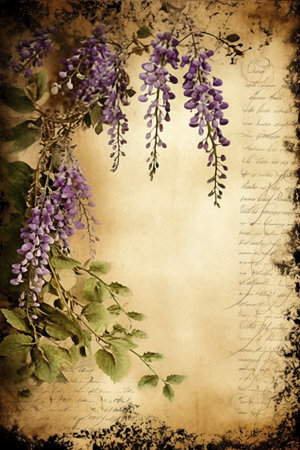 Old antique paper with wisteria frame, created with generative AIの素材