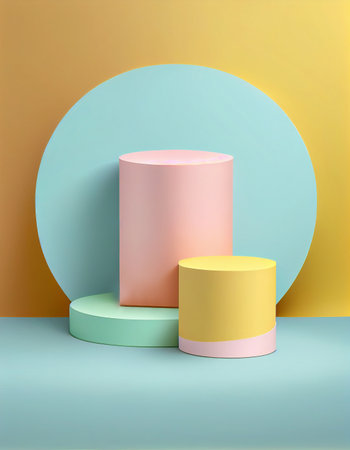 Cylinder shape pastel color advertisement podiums, created with generative AIの素材