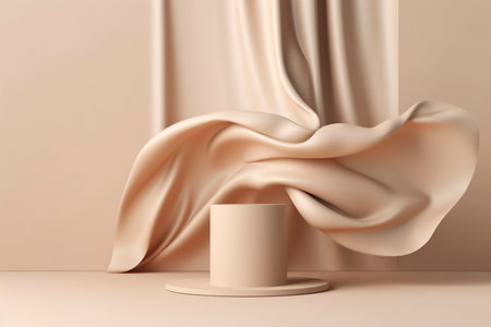 Beige podium with a flying soft silk, created with generative AIの素材