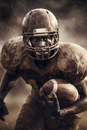 Action view of American football player holdng a ball, created with generative AIの素材