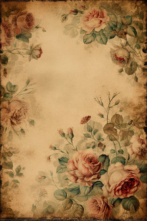 Antique paper with a rose frame backdrop, created with generative AIの素材