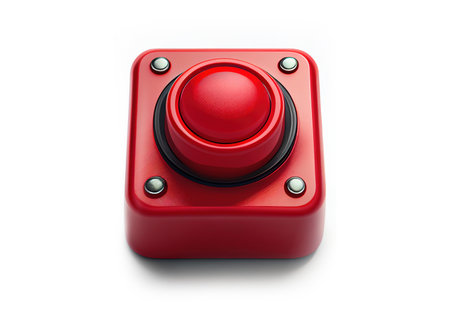 Red panic button on the white background, created with generative AIの素材