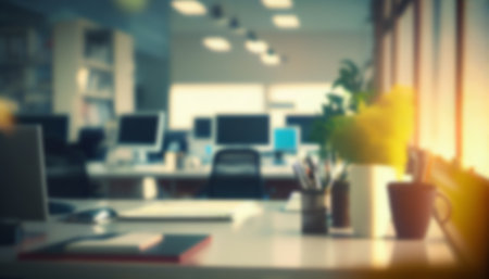 Office space interior in the evening, backdrop, created with generative AIの素材