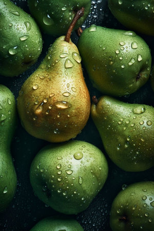 Pile of fresh pears with water drops, created with generative AIの素材