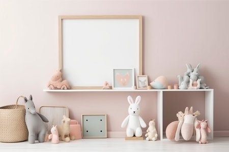 Empty picture frame mockup in the nursery room, created with generative AIの素材