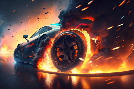 Sport racing car with a tyre burning, created with generative AIの素材