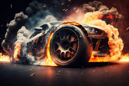Sport racing car with a tyre burning, created with generative AIの素材